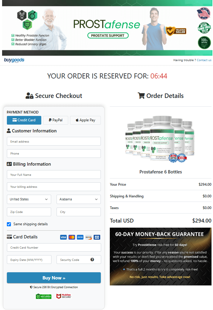 ProstAfense order page